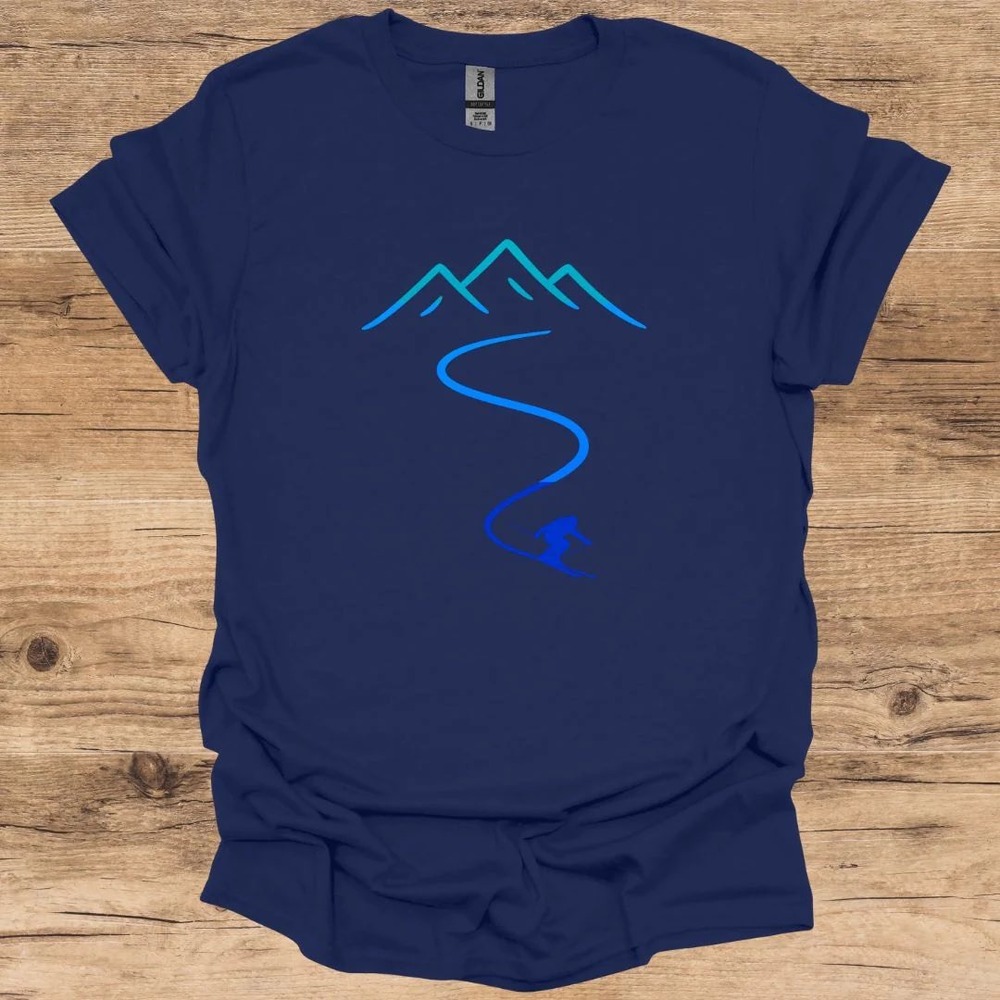 Gildan Softstyle Navy Blue Skier Mountain Graphic T-Shirt Womens Short Sleeve